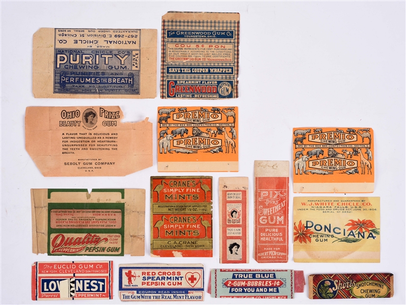 LOT OF ASSORTED CHEWING GUM LABELS .