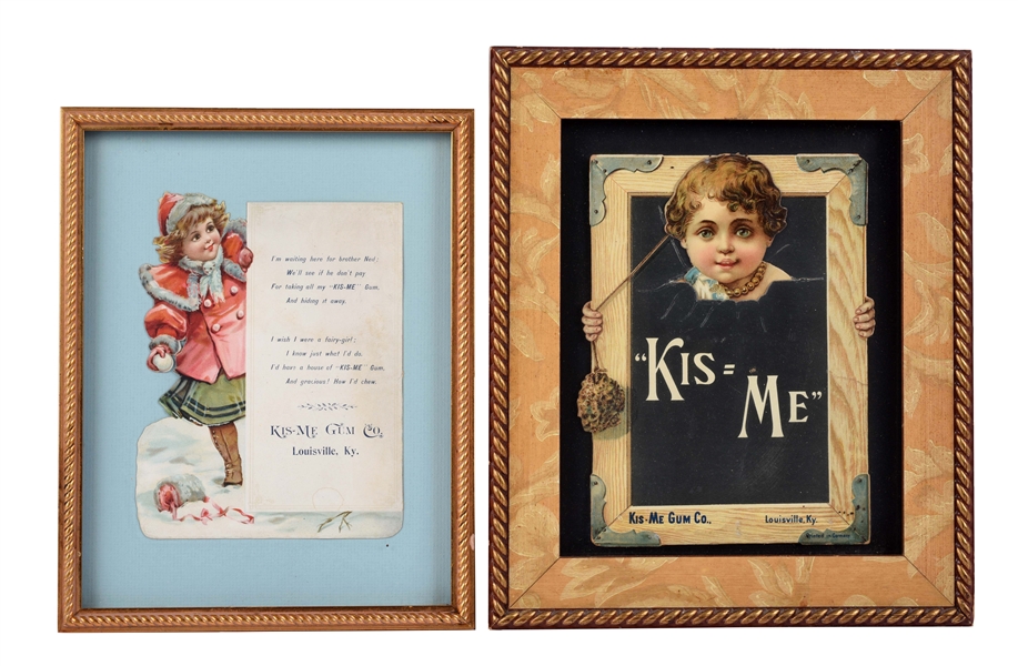 LOT OF 2: FRAMED KIS-ME CHEWING GUM DIECUT ADVERTISING SIGNS.