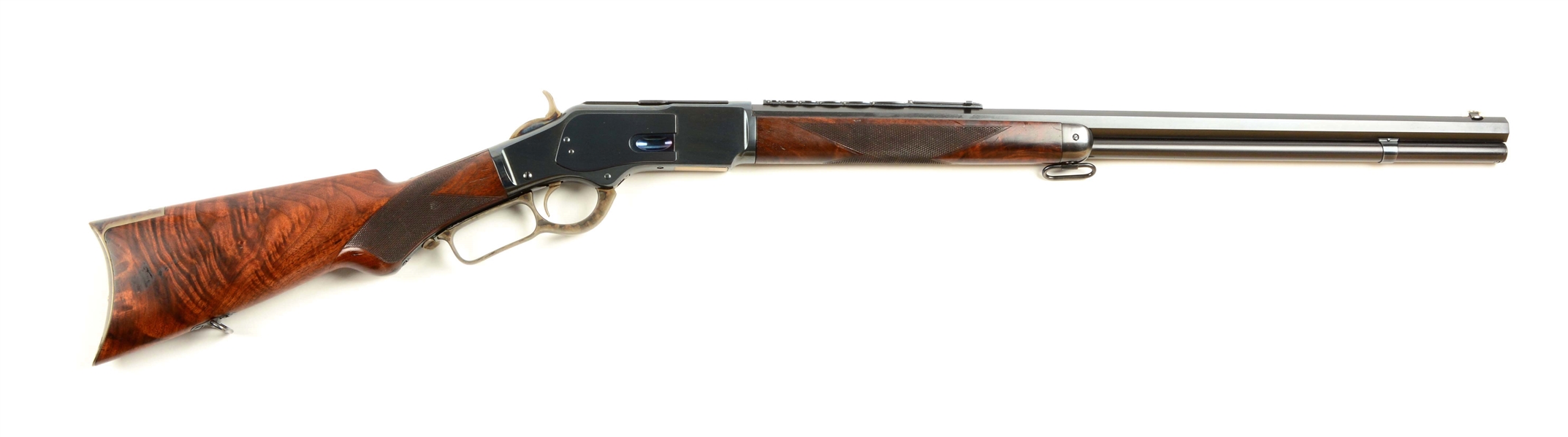 (A) WINCHESTER 1873 DELUXE LEVER ACTION RIFLE WITH SEVEN LEAF REAR SIGHT.