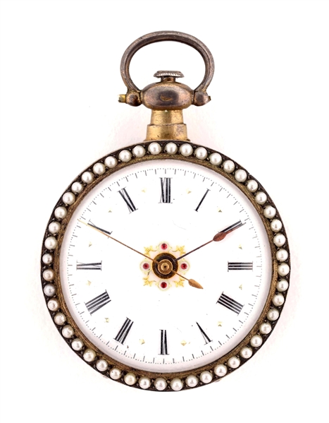 ENAMEL LADIES POCKET WATCH WITH SEED PEARLS AND ENGRAVED MOVEMENT