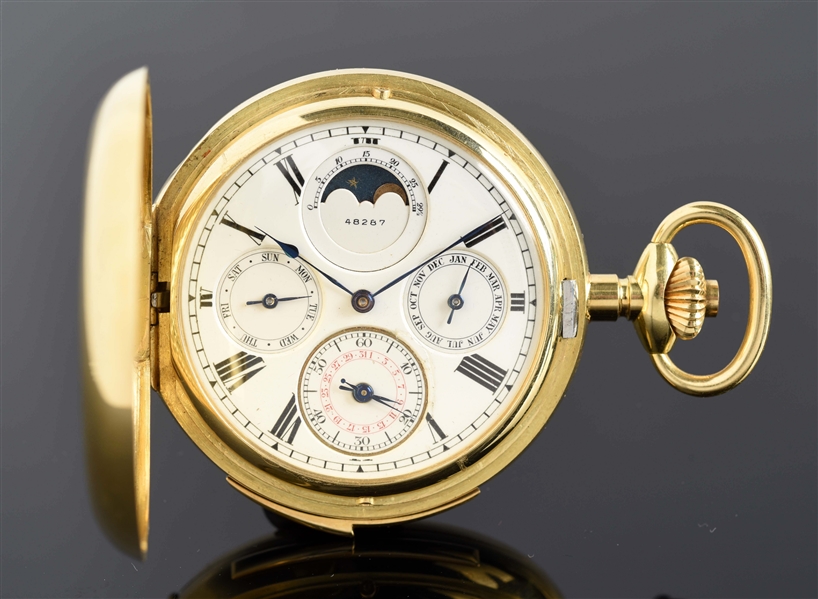 PATEK PHILLIPE FOR BAILEY BANKS & BIDDLE 18K GOLD TRIPLE DATE MOON-PHASE REPEATER.