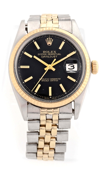 VINTAGE ROLEX 14K YELLOW GOLD AND STAINLESS STEEL DATEJUST WRISTWATCH MODEL NUMBER 1603.