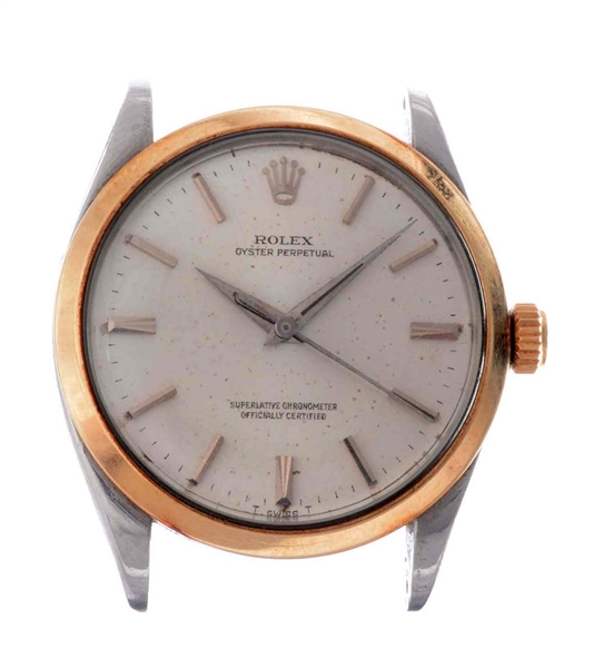 VINTAGE ROLEX STAINLESS STEEL AND 14K OYSTER PERPETUAL WRISTWATCH MODEL NUMBER 1002.