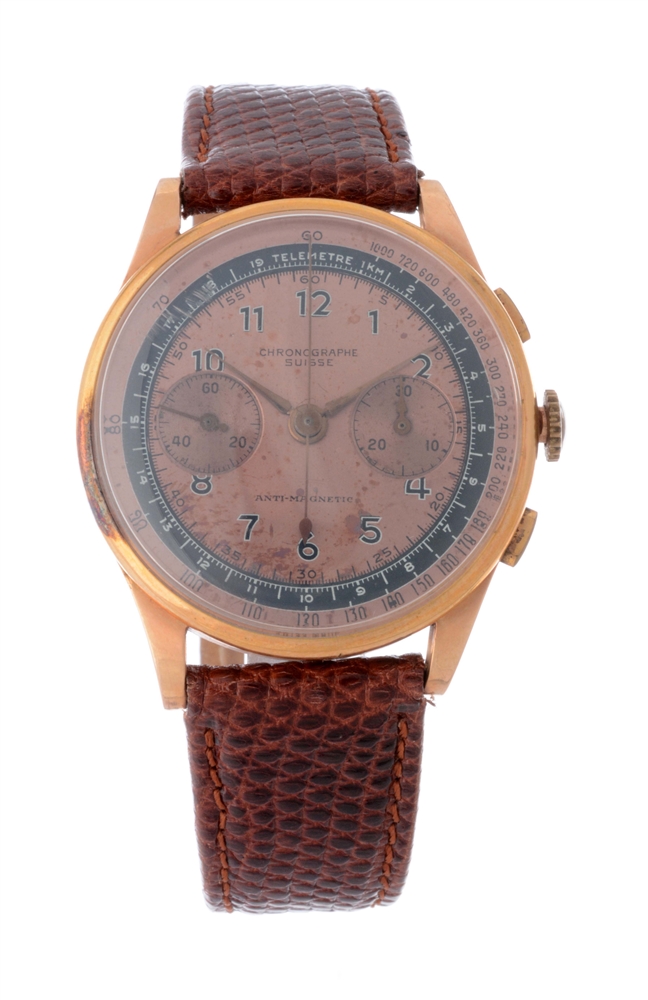 UNMARKED ROSE GOLD FILLED CHRONOGRAPHE SUISSE ANIT-MAGNETIC CHRONOGRAPH STRAP WRISTWATCH MODEL NUMBER 97222.