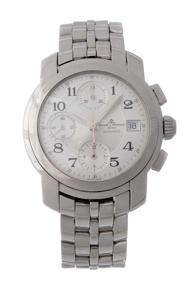 BAUME & MERCIER GENEVE STAINLESS STEEL AUTOMATIC CHRONOGRAPH WRISTWATCH MODEL NUMBER 216.
