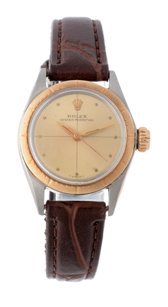 VINTAGE ROLEX STAINLESS STEEL AND 14K YELLOW GOLD OYSTER PERPETUAL LADIES WRISTWATCH MODEL NUMBER 6621.