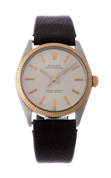 VINTAGE ROLEX STAINLESS STEEL AND 14K YELLOW GOLD OYSTER PERPETUAL WRISTWATCH MODEL NUMBER 1005.