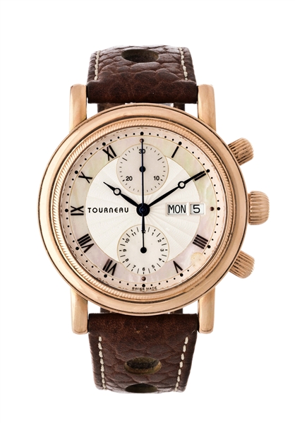 TOURNEAU 18K ROSE GOLD DAY DATE MOTHER OF PEARL DIAL CHRONOGRAPH WRISTWATCH MODEL NUMBER 8121.07.
