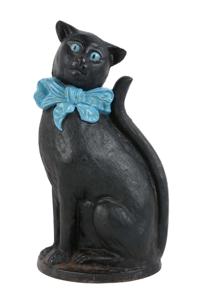 CAST IRON LARGE SITTING CAT WITH BOW DOORSTOP.
