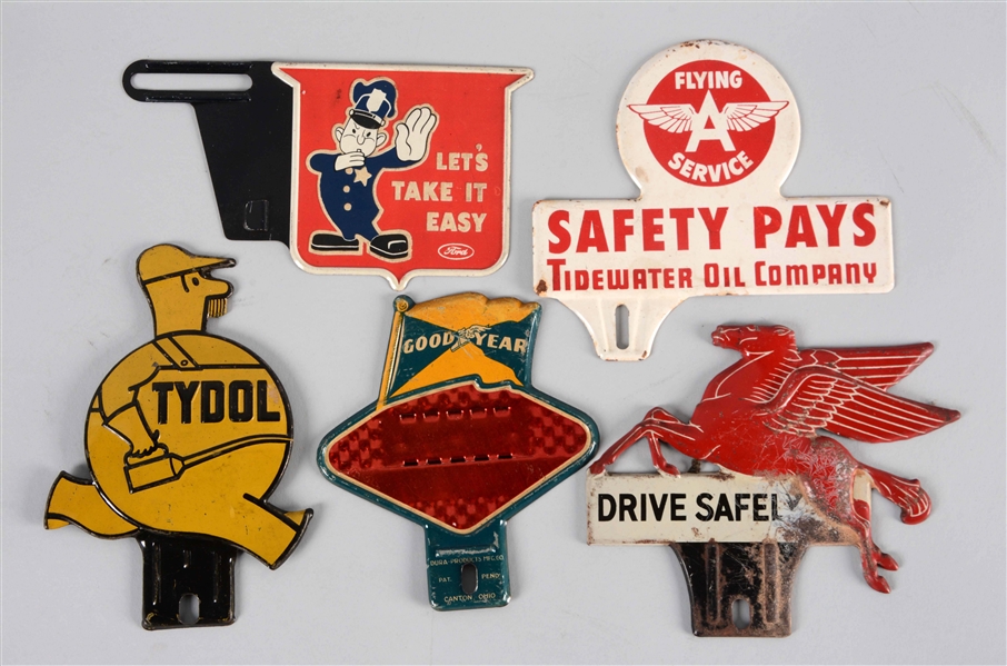 LOT OF 5: DIECUT TIN LICENSE PLATE TOPPERS.