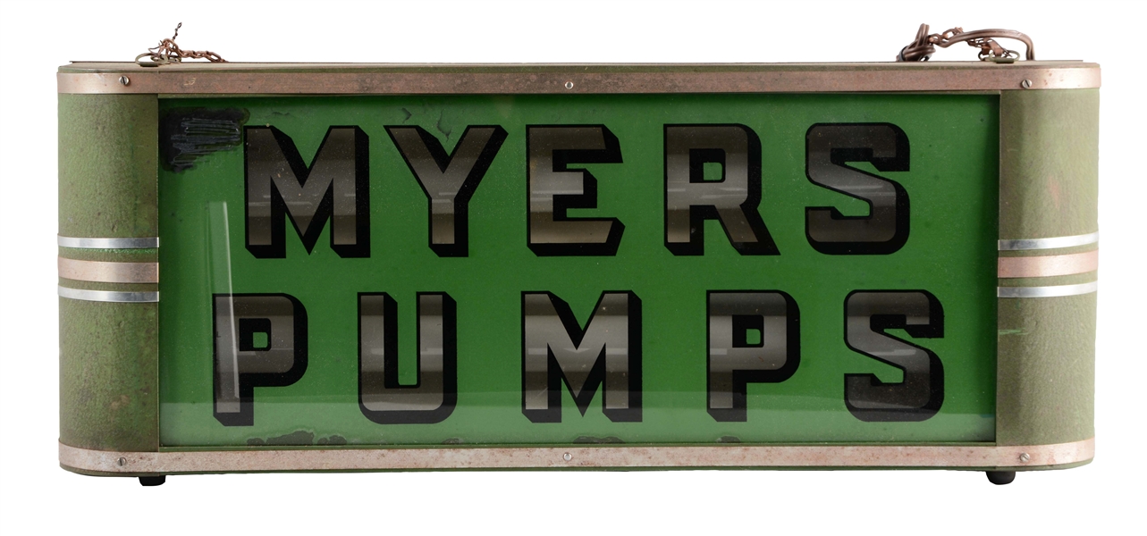 MYERS PUMPS REVERSE GLASS LIGHT UP STORE DISPLAY IN METAL BODY.
