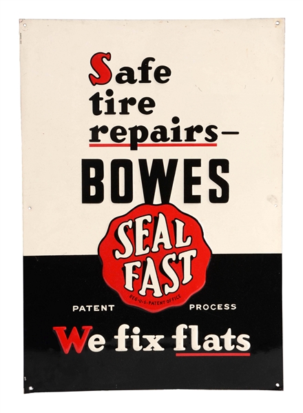 BOWES SEAL FAST EMBOSSED TIN SIGN.