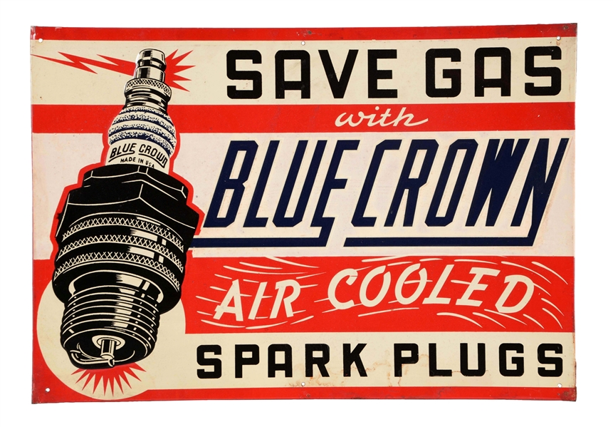 BLUE CROWN AIR COOLED SPARK PLUGS EMBOSSED TIN SIGN.