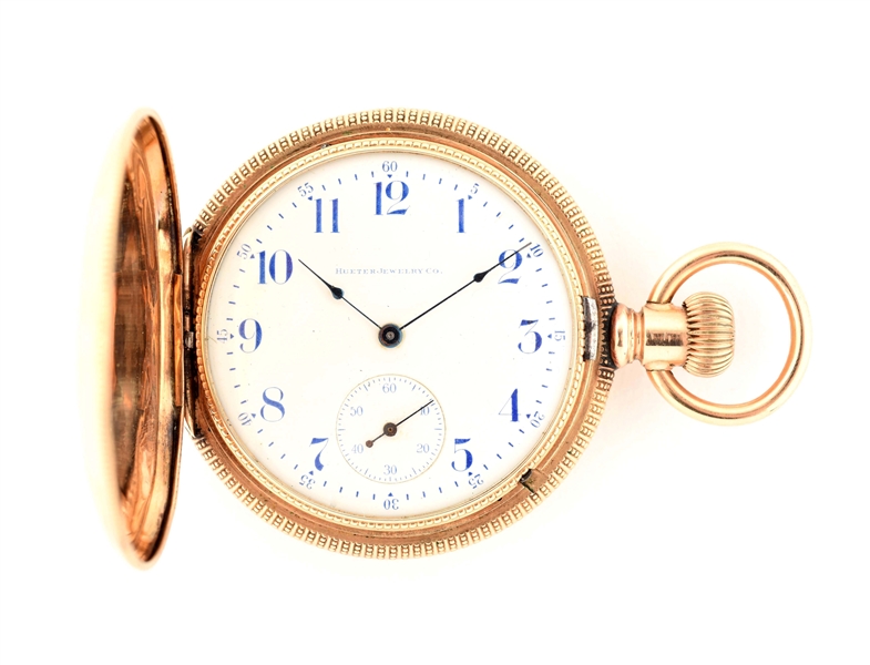 HUETER JEWELRY CO. GOLD FILLED POCKET WATCH.