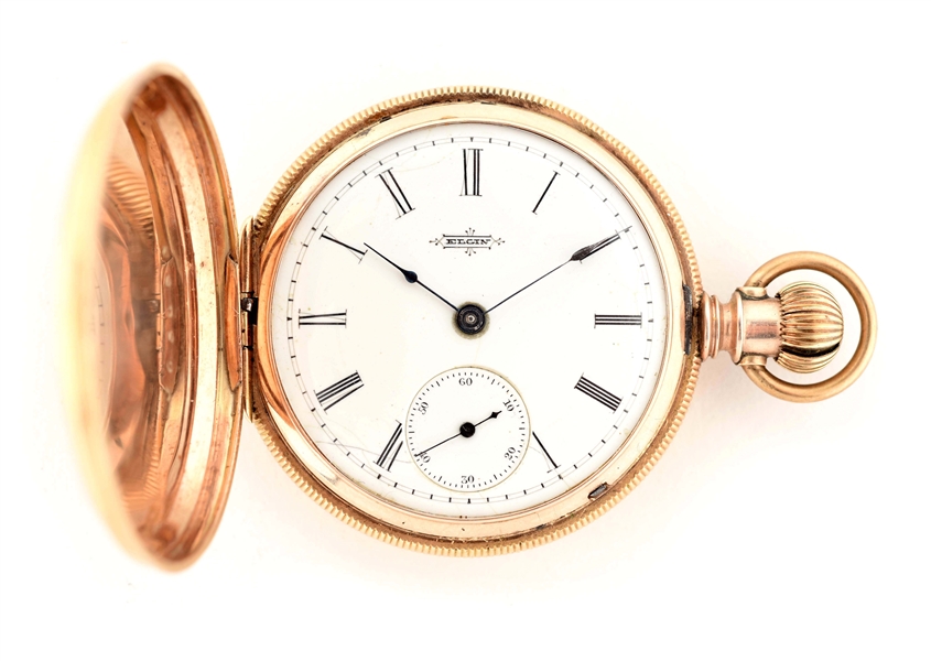 ELGIN POCKET DOUBLE STOCK SOLID GOLD H/C POCKET WATCH CIRCA 1887.