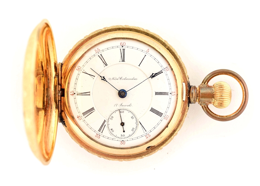NEW COLUMBUS GOLD FILLED H/C POCKET WATCH W/HUNTING DOG.