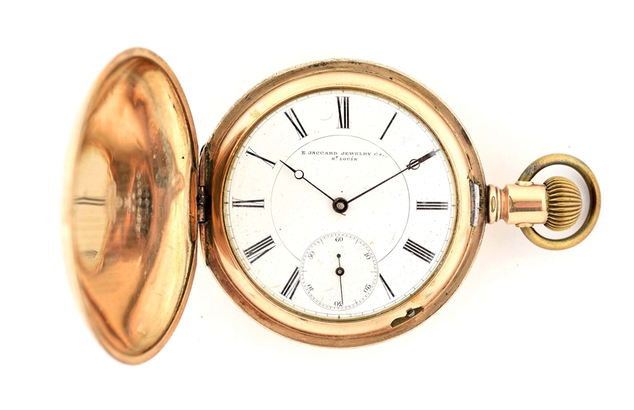 LONGINES FOR E. JACCARD JEWELRY CO. 14K GOLD FILLED H/C POCKET WATCH.