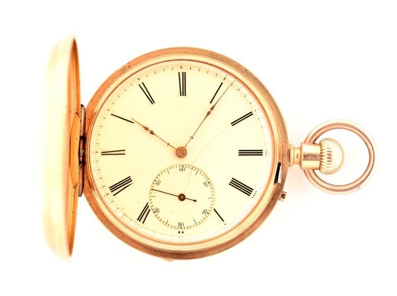 UNMARKED 18K GOLD HUNTING CASE POCKET WATCH.