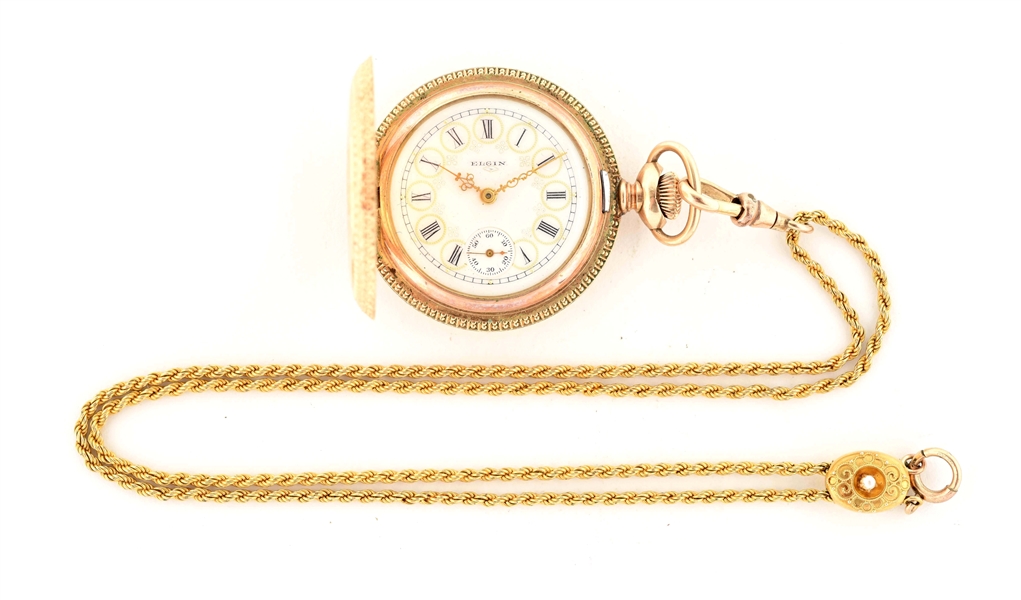 ELGIN GOLD FILLED POCKET WATCH WITH CHAIN.