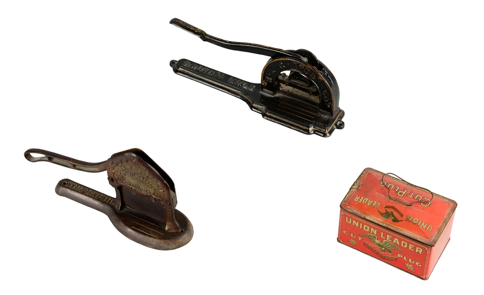 LOT OF 3: TOBACCO CUTTERS AND TOBACCO TIN. 