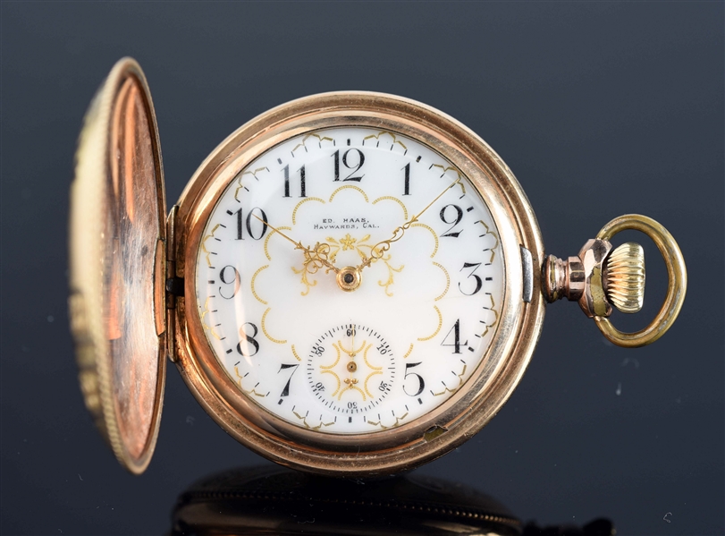WALTHAM FOR ED HAAS 14K GOLD FILLED H/C POCKET WATCH 17J SIZE 18.
