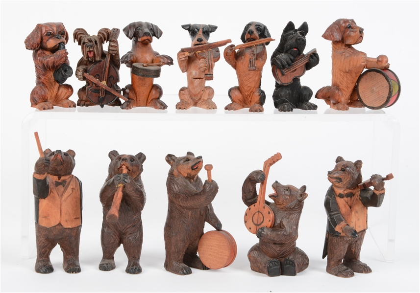LOT OF 12: CARVED WOODEN BEARS & DOGS BAND MEMBERS. 