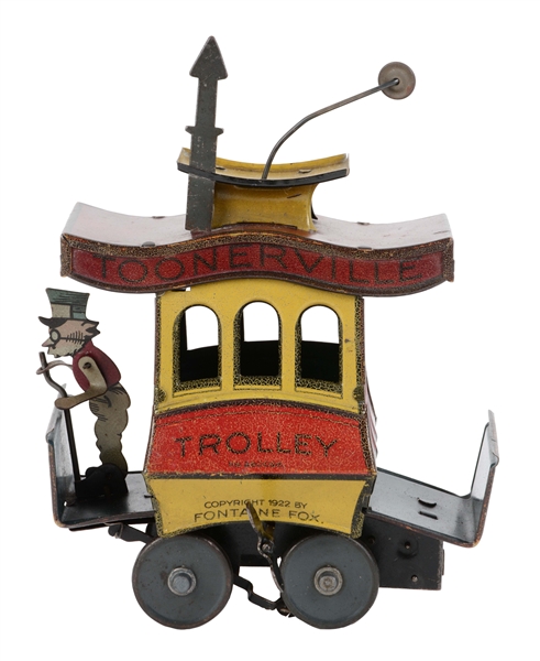 GERMAN NIFTY TIN LITHO WIND UP TOONERVILLE TROLLEY. 