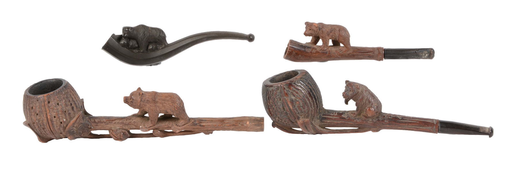 LOT OF 4: BLACK FOREST PIPES WITH BEARS.