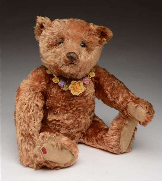 EARLY STEIFF APRICOT TEDDY BEAR WITH BUTTON.