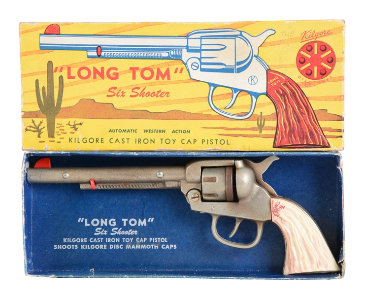 KILGORE CAST IRON LONG TOM SIX SHOOTER CAP GUN.