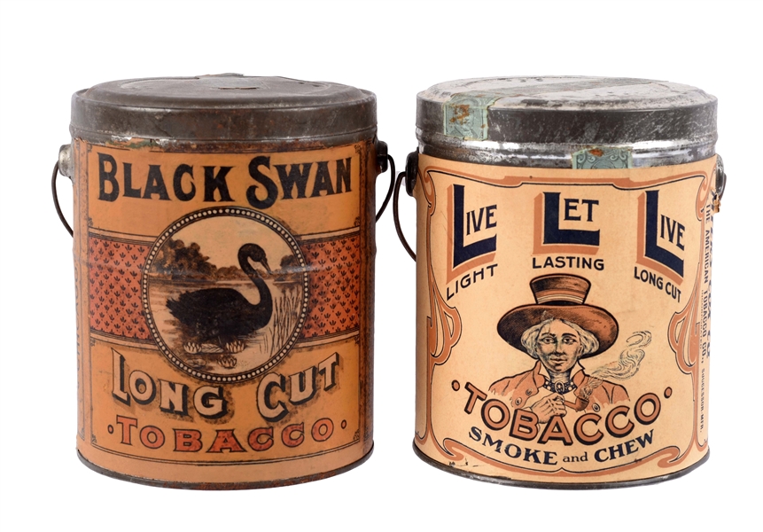 LOT OF 2: BLACK SWAN & LIVE LET LIVE TOBACCO ADVERTISING TINS.