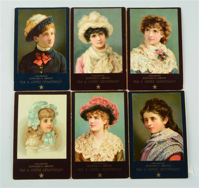 LOT OF 6: EDWARD S. SMITH TEA & COFFEE DEPARTMENT CARDS.