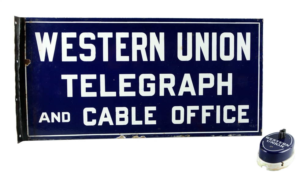 LOT OF 2: WESTERN UNION ADVERTISING SIGN & PORCELAIN BELL.