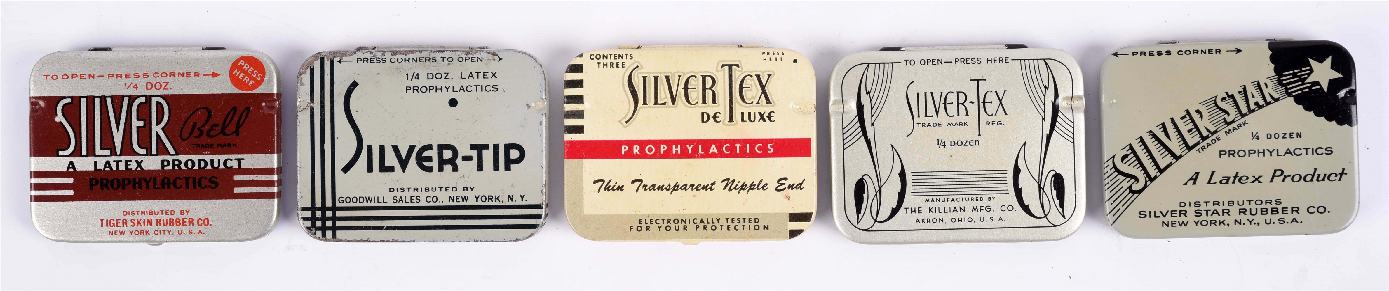 LOT OF 5: ASSORTED SILVER TEX & SILVER TIP CONDOM TINS.