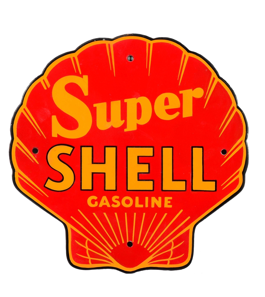 SUPER SHELL GASOLINE CLAMSHELL SHAPED PORCELAIN SIGN.