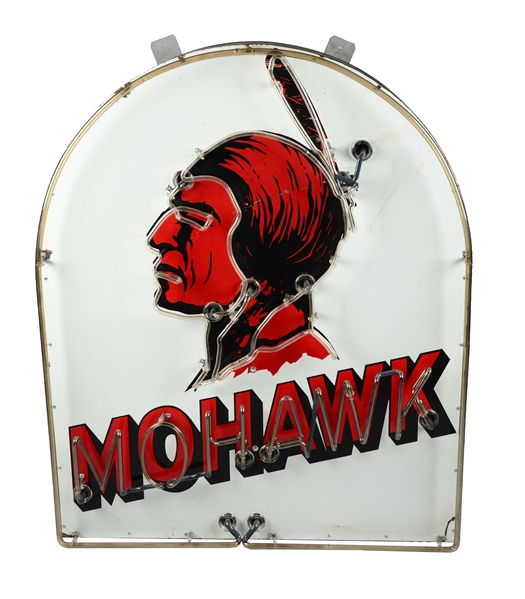 MOHAWK GASOLINE TOMBSTONE-SHAPED PORCELAIN NEON SIGN.