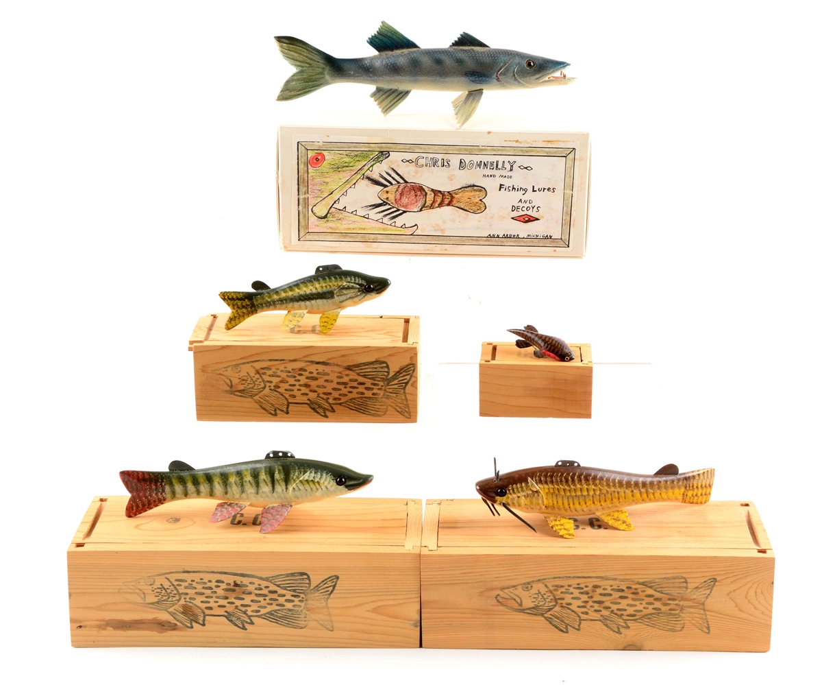 LOT OF 5: CONTEMPORARY MICHIGAN FISH DECOYS IN ORIGINAL BOXES.