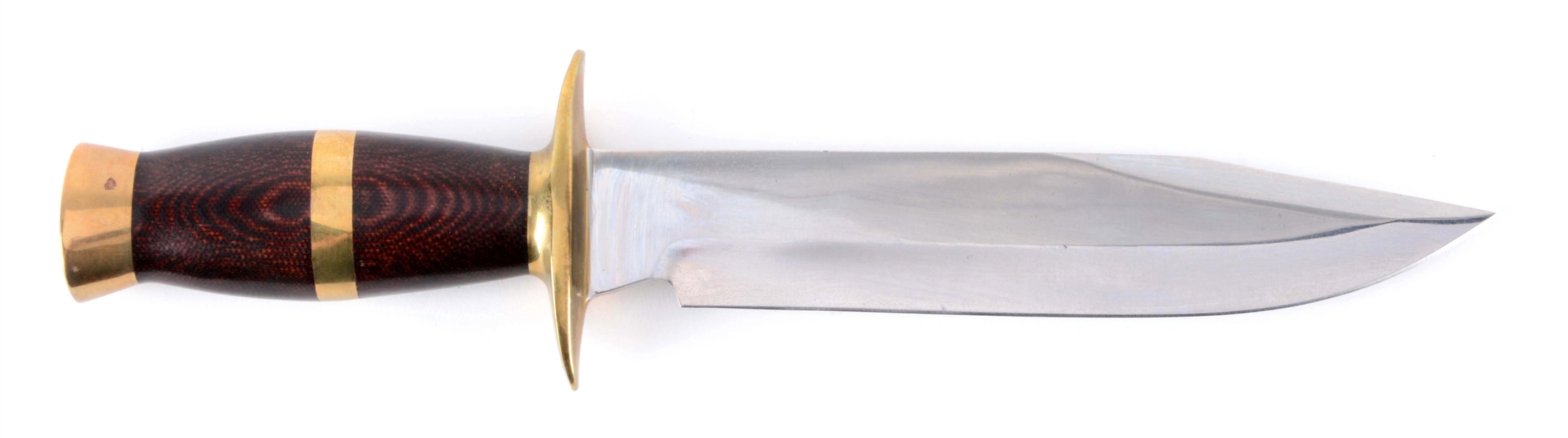 J.N. COOPER FIGHTING KNIFE WITH MICARTA AND BRASS HANDLE.