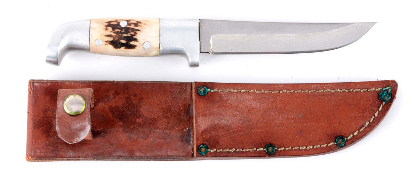 R.H. RUANA EARLY SQUARE INSERT STAG HANDLE WITH ALUMINUM MOUNTS. 