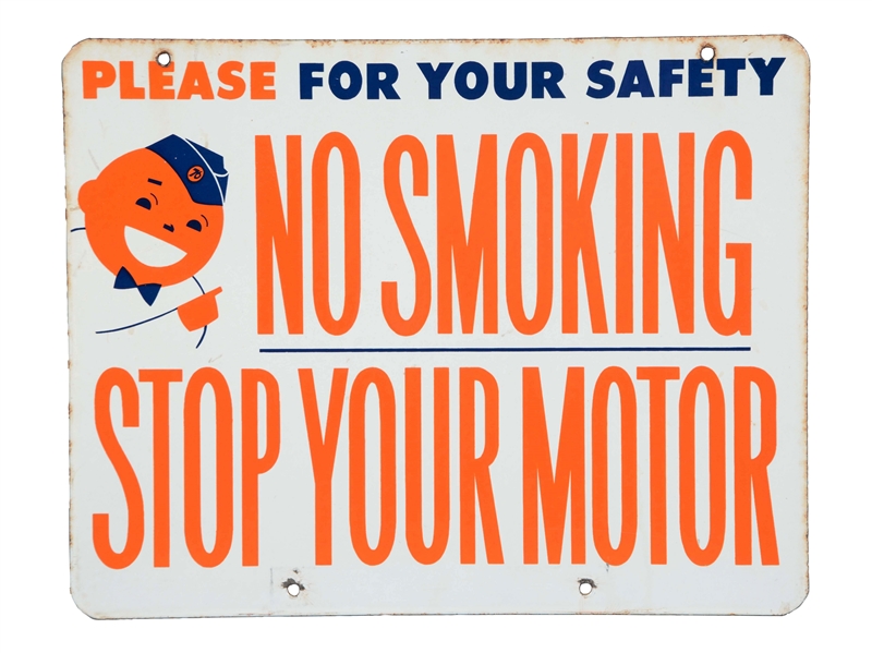 UNION 76 "NO SMOKING-STOP YOUR MOTOR" WITH SPEEDY GRAPHIC PORCELAIN SIGN.