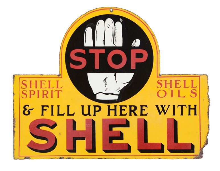 SHELL GASOLINE STOP & FILL UP WITH SHELL PORCELAIN SIGN.