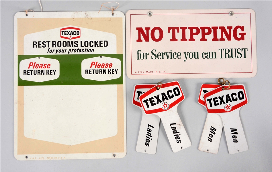 LOT OF 2: TEXACO NO TIPPING TIN SIGN & TEXACO RESTROOM SIGN WITH MEN & LADIES KEY FOBS
