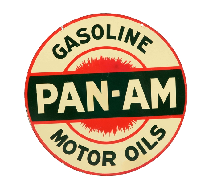 PAN AM GASOLINE & MOTOR OILS PORCELAIN SIGN.