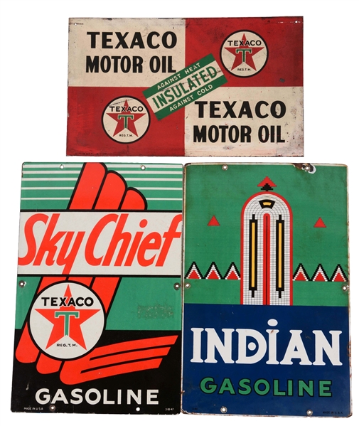 LOT OF 3: TEXACO & INDIAN GASOLINE & MOTOR OIL SIGNS.