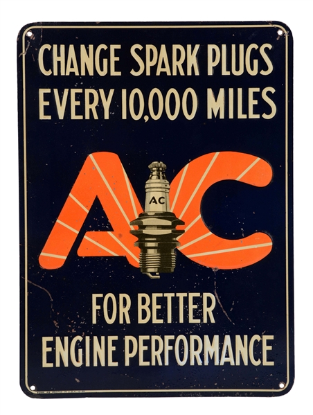 AC SPARK PLUGS EMBOSSED TIN SIGN.