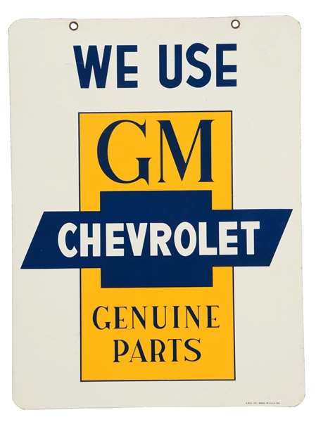 WE USE GM CHEVROLET GENUINE PARTS TIN SIGN.