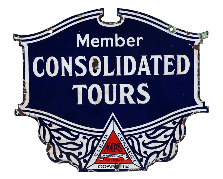 CONSOLIDATED TOURS DIECUT PORCELAIN SHIELD SIGN.