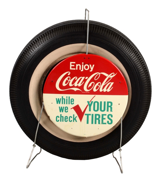 COCA-COLA TIN TIRE RACK SIGNS WITH TIRE & RACK.