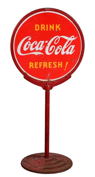 COCA-COLA DRINK & REFRESH PORCELAIN LOLLIPOP SIGN.