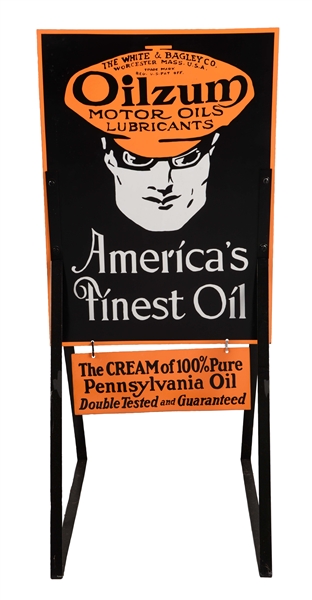 OILZUM MOTOR OIL PORCELAIN CURB SIGN WITH BOTTOM ATTACHMENT SIGN.